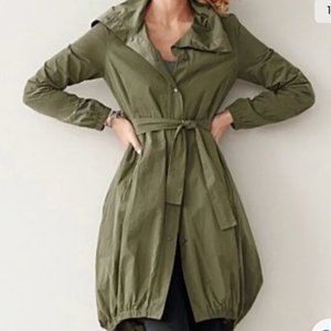 Eileen Fisher Bubble Hem Funnel Neck Belted Trench Coat Jacket Olive Size XS